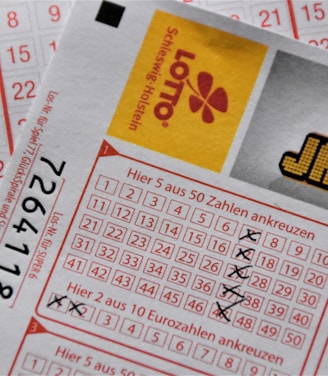 A close-up image of lottery tickets featuring crossed-out numbers, brand logos, and various numbers in a grid format. The tickets have sections for different games, and numbers are marked with black crosses.