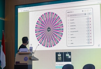 A person stands in front of a large screen displaying a colorful digital wheel with names. The screen shows a web interface with options for inputs, featuring a list of names with checkboxes on one side and a large, vibrant spinning wheel on the other. The environment appears to be indoors, possibly in a conference or presentation setting with a podium.